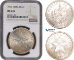 AC222, Cuba "Star Type" Peso 1916, Philadelphia, Silver, NGC MS62+