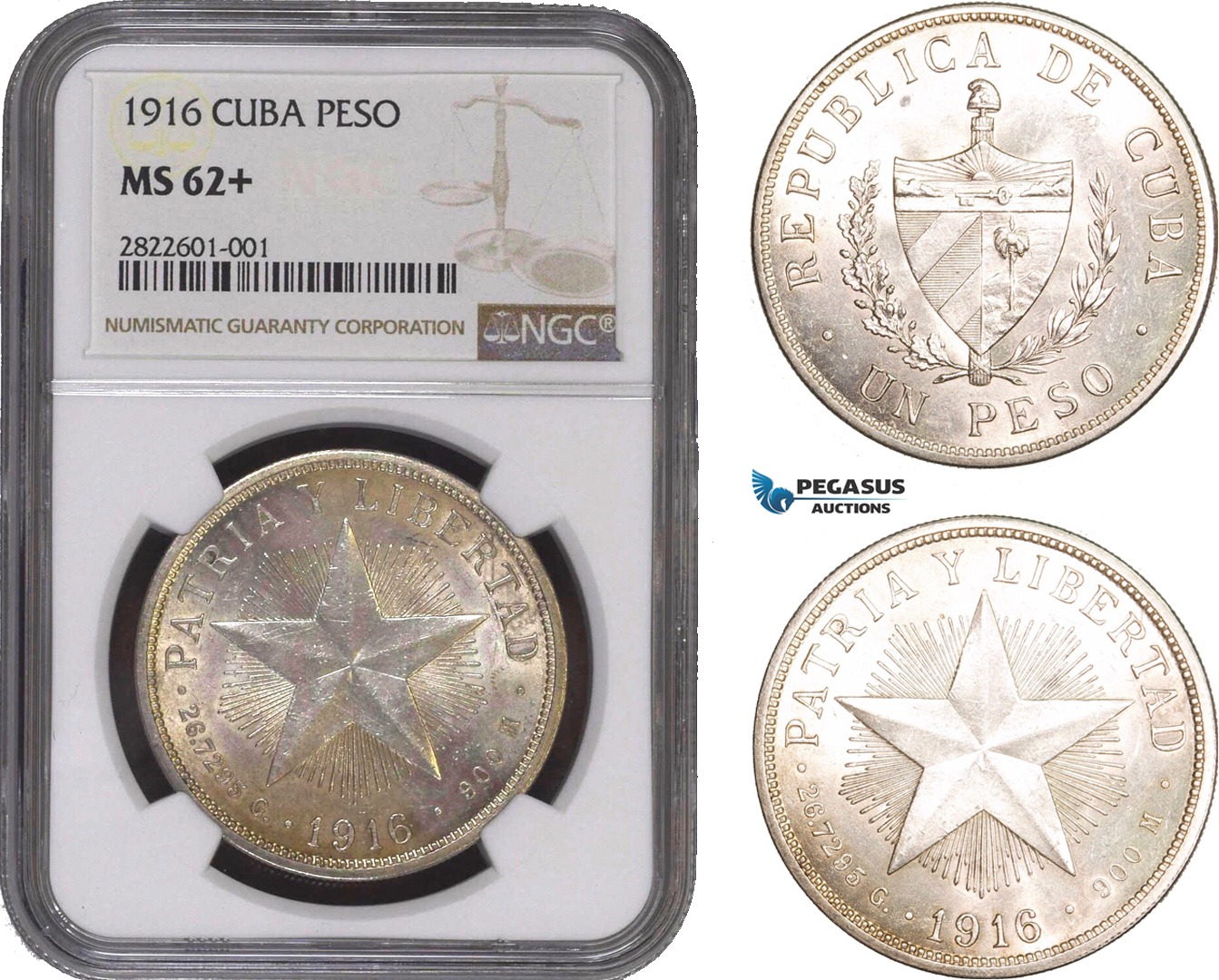 AC222, Cuba "Star Type" Peso 1916, Philadelphia, Silver, NGC MS62+