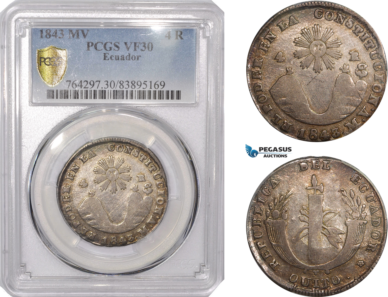 AC225, Ecuador, 4 Reales 1843 MV, Quito, Silver, PCGS VF30