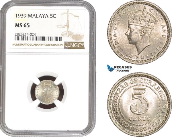 AC251, Malaya, George VI, 5 Cents 1939, Silver, NGC MS65