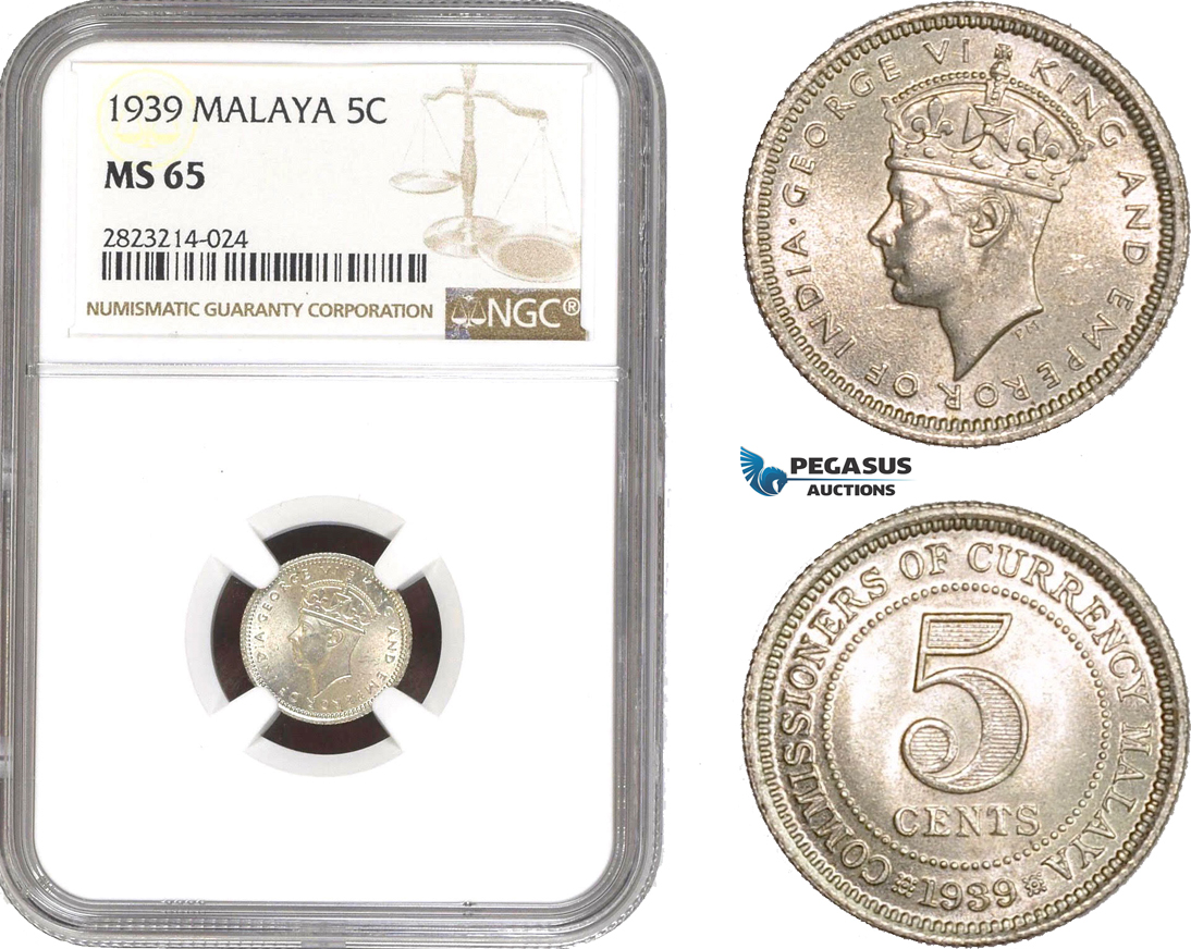 AC251, Malaya, George VI, 5 Cents 1939, Silver, NGC MS65