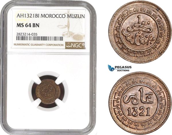 AC265, Morocco, Abd al-Aziz, 1 Muzun AH1321-BI, Birmingham, NGC MS64BN, Pop 1/0