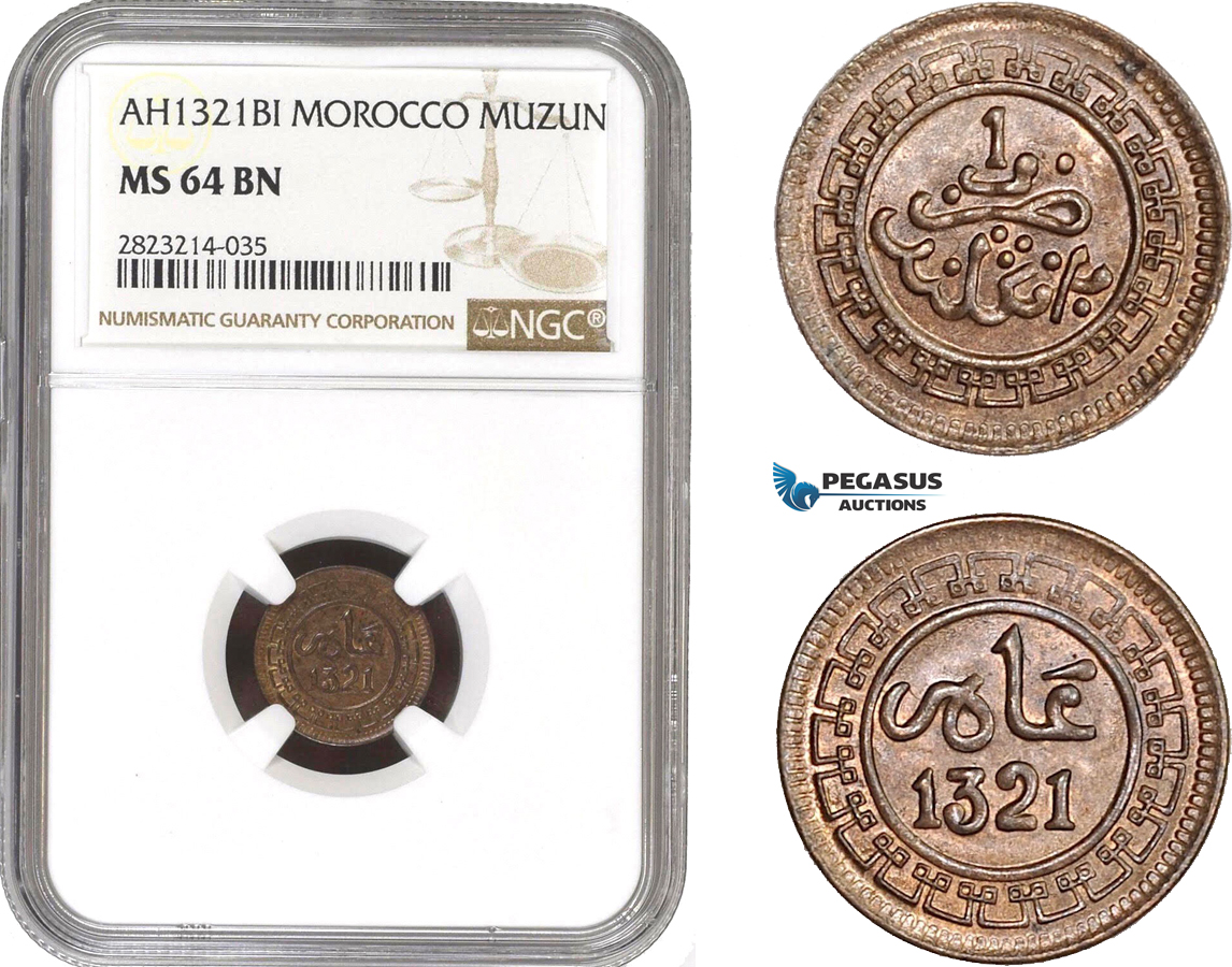 AC265, Morocco, Abd al-Aziz, 1 Muzun AH1321-BI, Birmingham, NGC MS64BN, Pop 1/0