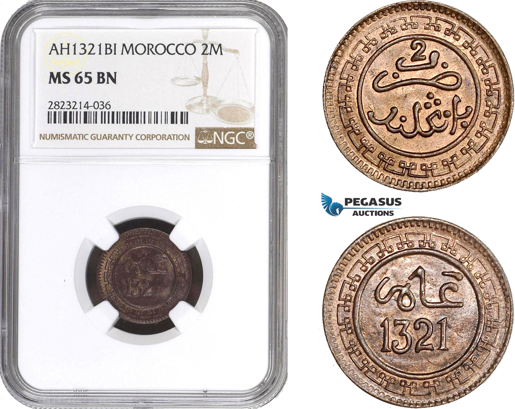 AC266, Morocco, Abd al-Aziz, 2 Muzunas AH1321-BI, Birmingham, NGC MS65BN, Pop 1/0