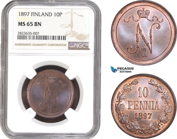 AC279-R, Finland (under Russia) Nicholas II, 10 Penniä 1897, NGC MS65BN, Pop 1/0