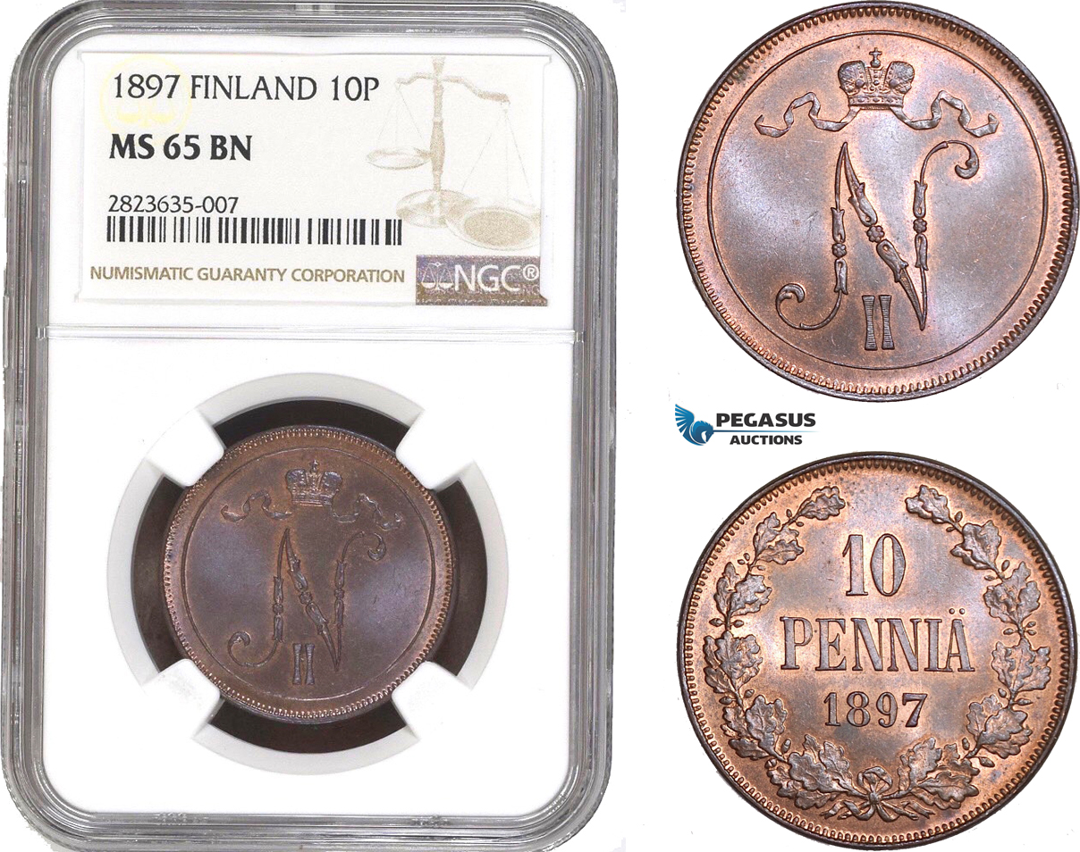 AC279-R, Finland (under Russia) Nicholas II, 10 Penniä 1897, NGC MS65BN, Pop 1/0