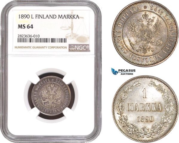 AC280, Finland (under Russia) Alexander III, 1 Markka 1890-L, Silver, NGC MS64