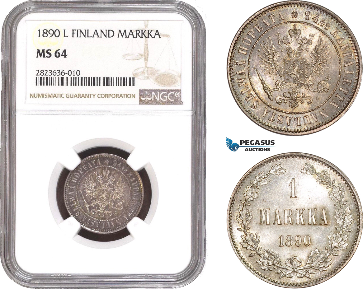 AC280, Finland (under Russia) Alexander III, 1 Markka 1890-L, Silver, NGC MS64