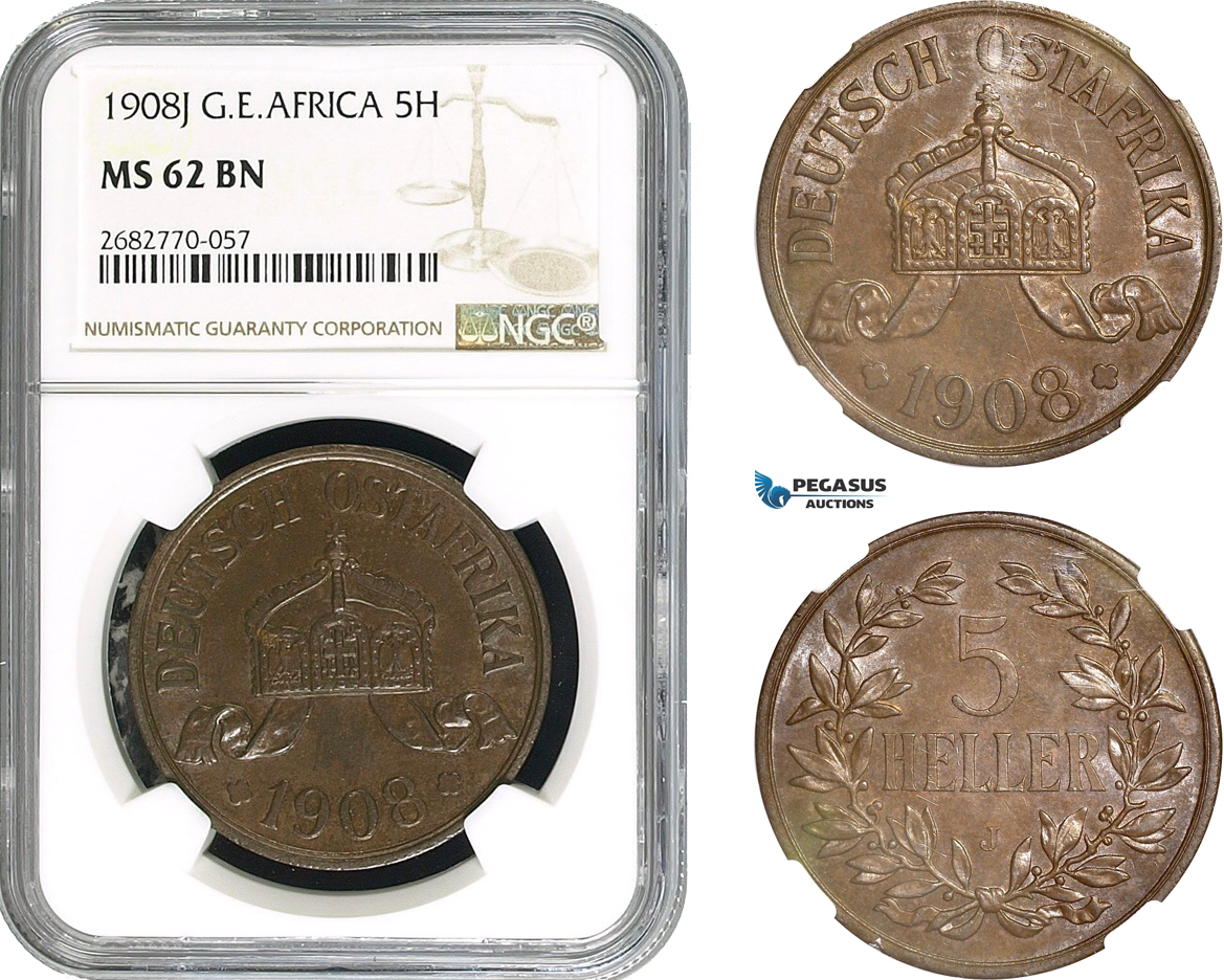 AC294, German East Africa, Wilhelm II, 5 Heller 1908-J, Hamburg, NGC MS62