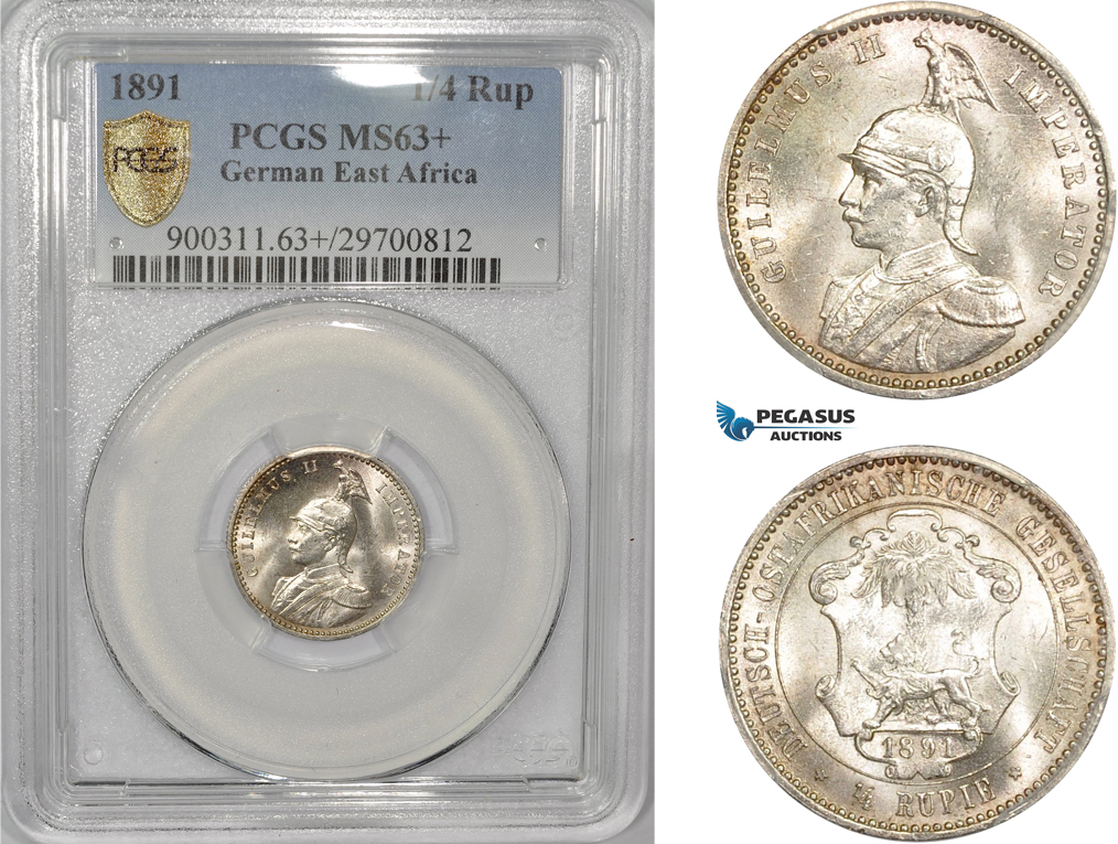 AC295, German East Africa, Wilhelm II, 1/4 Rupie 1891, Berlin, Silver, PCGS MS63+
