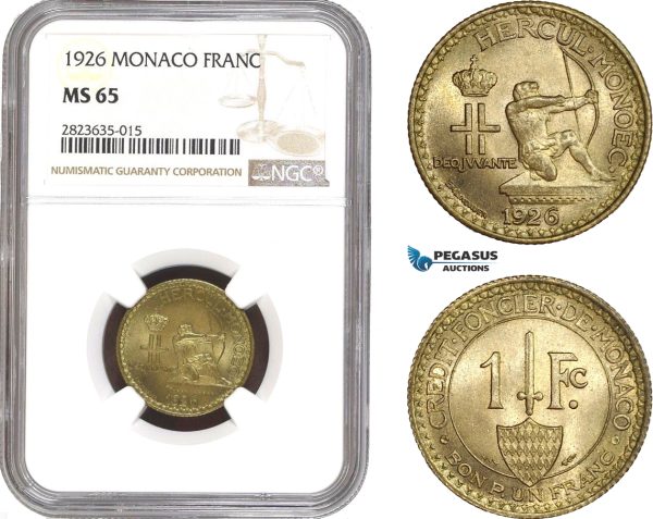 AC310-R, Monaco, Louis II, 1 Franc 1926, Poissy, NGC MS65
