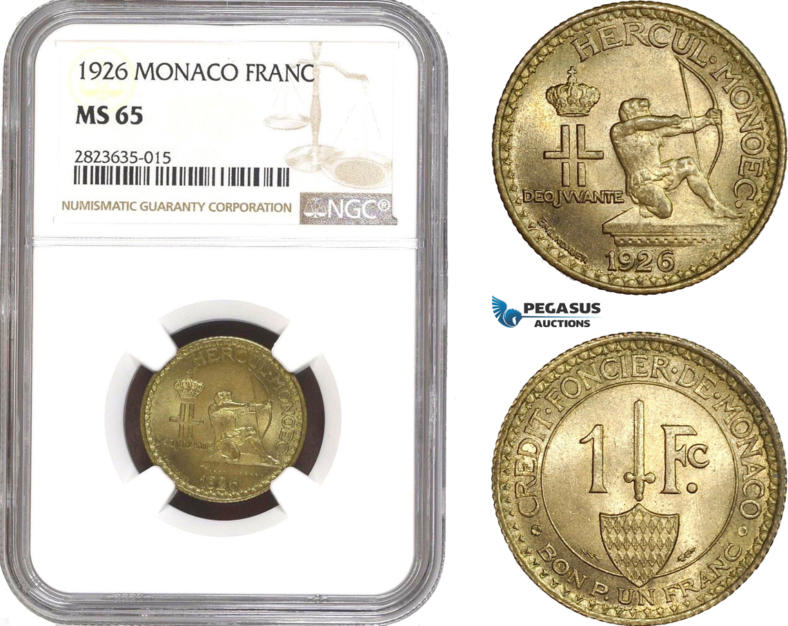 AC310-R, Monaco, Louis II, 1 Franc 1926, Poissy, NGC MS65