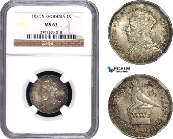 AC317, Southern Rhodesia, George V, Shilling 1934, London, Silver, NGC MS63