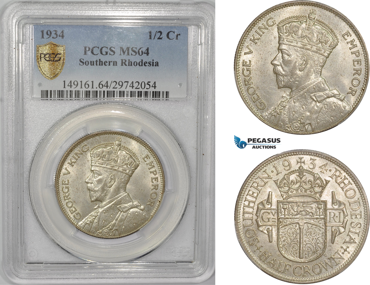 AC318, Southern Rhodesia, George V, 1/2 Crown 1934, London, Silver, PCGS MS64