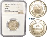 AC347, Costa Rica, 25 Centavos 1887 GW "GW 9DS" Silver, NGC MS64, Pop 1/0