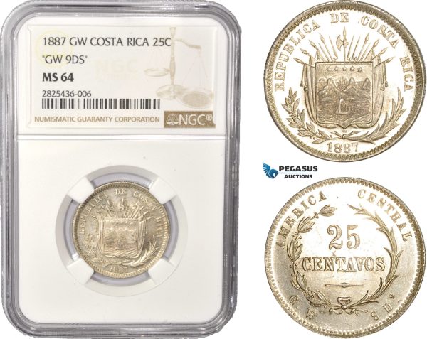 AC347, Costa Rica, 25 Centavos 1887 GW "GW 9DS" Silver, NGC MS64, Pop 1/0