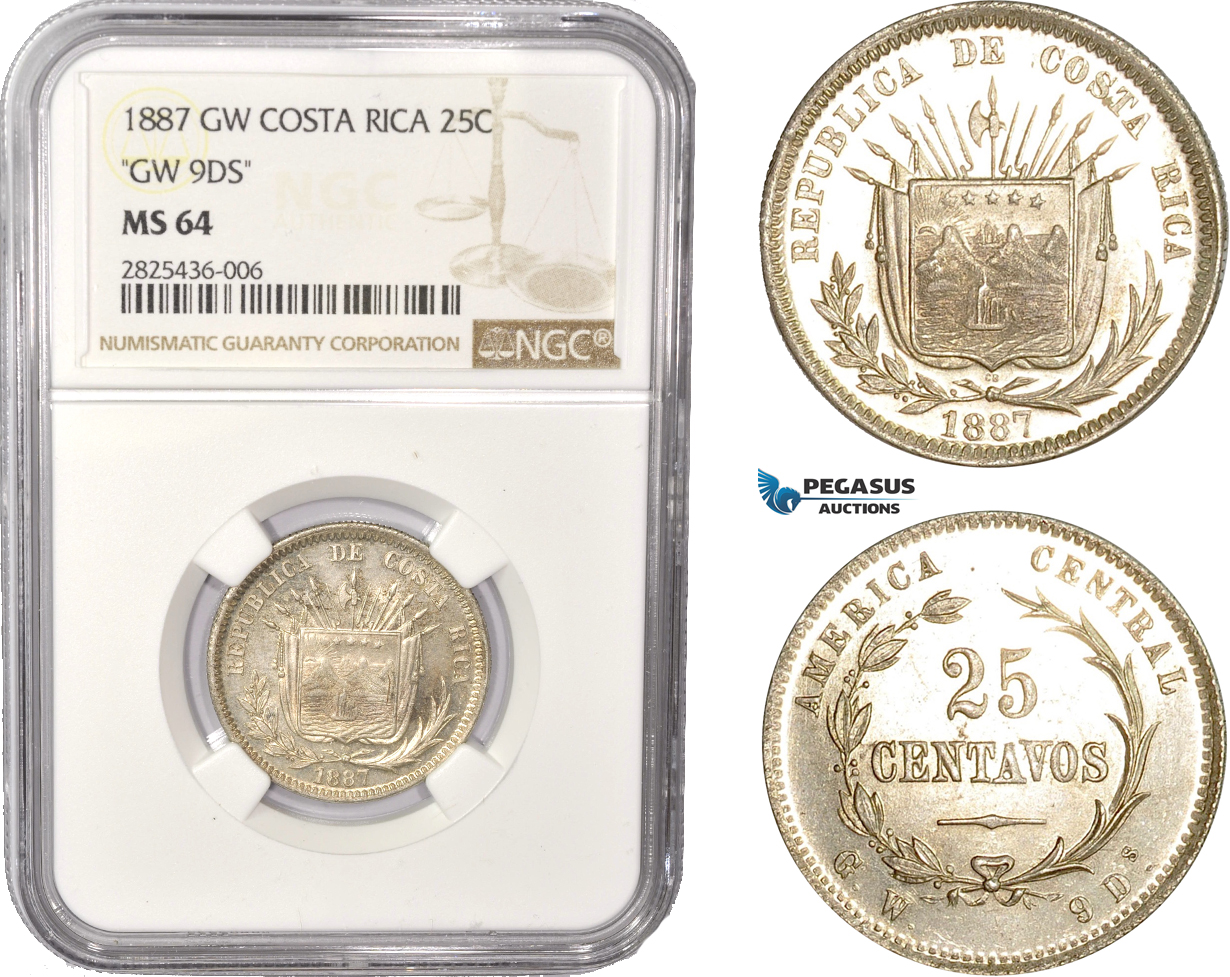 AC347, Costa Rica, 25 Centavos 1887 GW "GW 9DS" Silver, NGC MS64, Pop 1/0