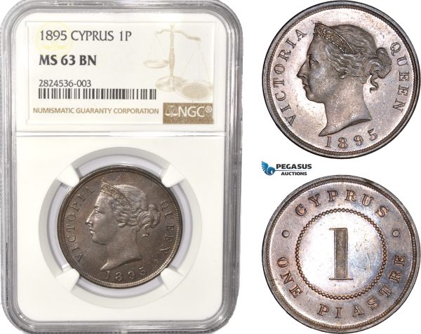 AC349, Cyprus, Victoria, 1 Piastre 1895, London, NGC MS63BN (Semi PL) Pop 1/1, Rare!