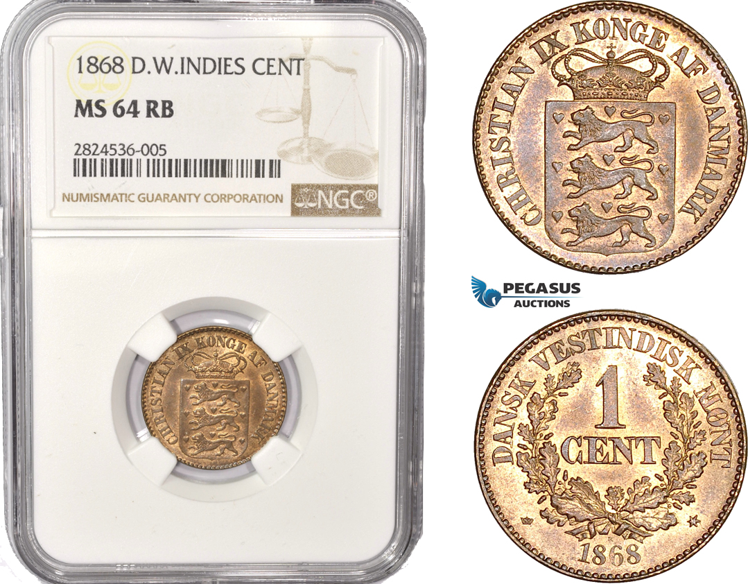 AC351, Danish West Indies, Christian IX, 1 Cent 1868, Altona, NGC MS64RB