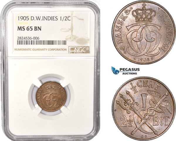 AC352, Danish West Indies, Christian IX, 2 1/2 Bit / 1/2 Cent 1905, Copenhagen, NGC MS65BN