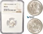 AC353, Danish West Indies, Christian IX, 10 Cents 1905, Copenhagen, Silver, NGC MS64, Pop 4/0