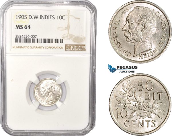 AC353, Danish West Indies, Christian IX, 10 Cents 1905, Copenhagen, Silver, NGC MS64, Pop 4/0