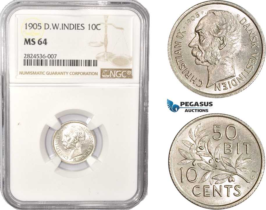 AC353, Danish West Indies, Christian IX, 10 Cents 1905, Copenhagen, Silver, NGC MS64, Pop 4/0