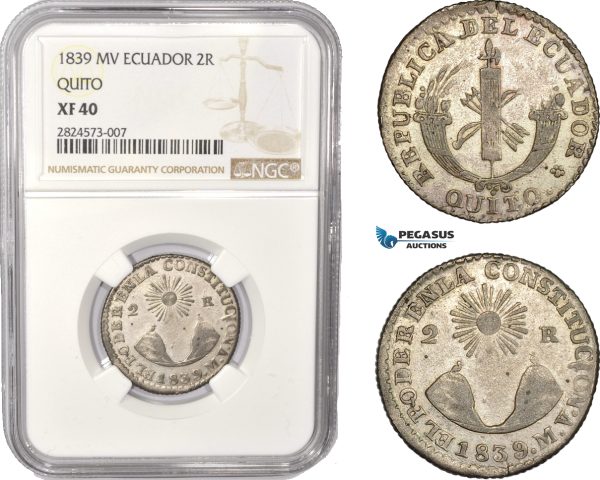 AC354, Ecuador, 2 Reales 1839 MV, Quito, Silver, NGC XF40