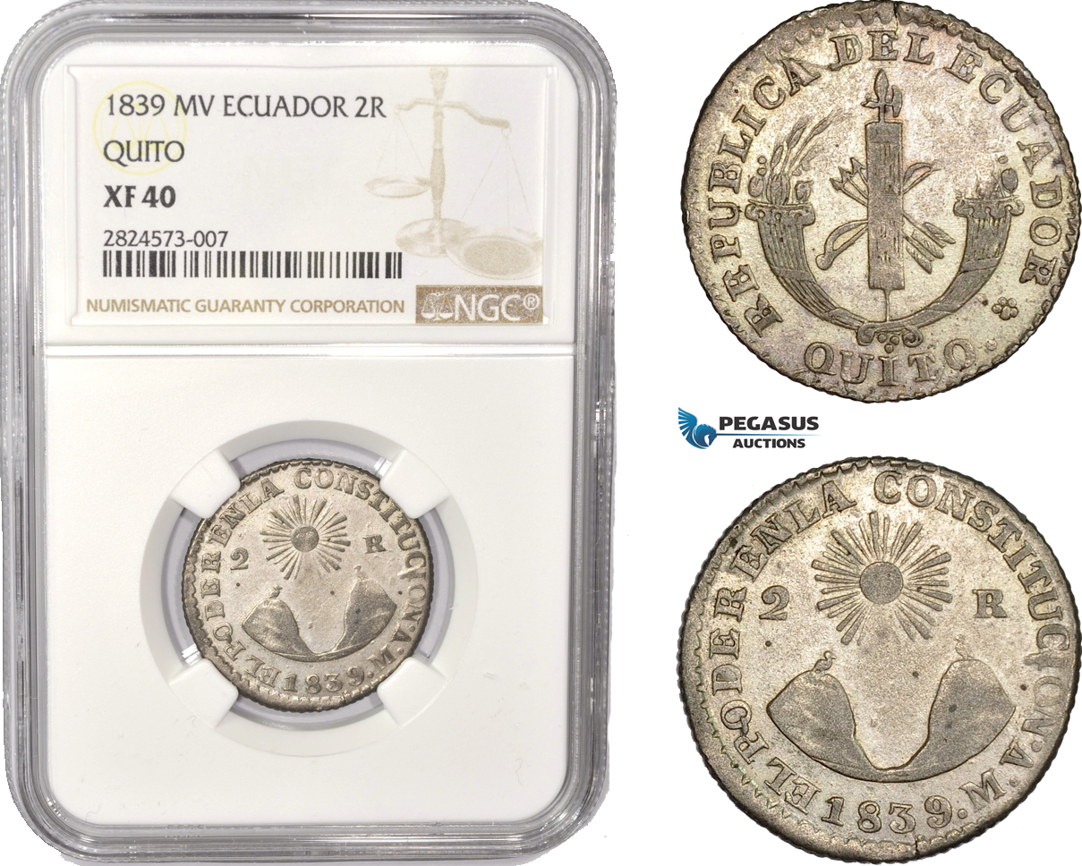 AC354, Ecuador, 2 Reales 1839 MV, Quito, Silver, NGC XF40