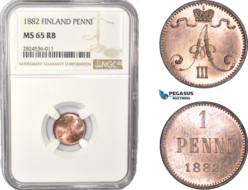 AC358, Finland (under Russia) Alexander III, 1 Penni 1882, NGC MS65RB, Pop 1/0, Rare!