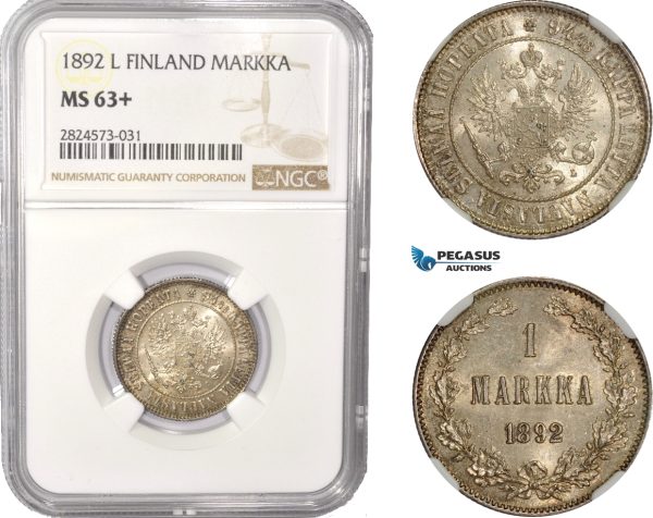 AC359, Finland (under Russia) Alexander III, 1 Markka 1892 L, Silver, NGC MS63+