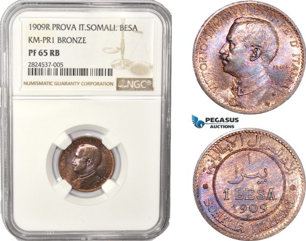 AC392, Italian Somaliland, Vittorio Manuele III, Pattern 1 Besa 1909-R, Rome, NGC PF65RB, Pop 2/0, Rare!