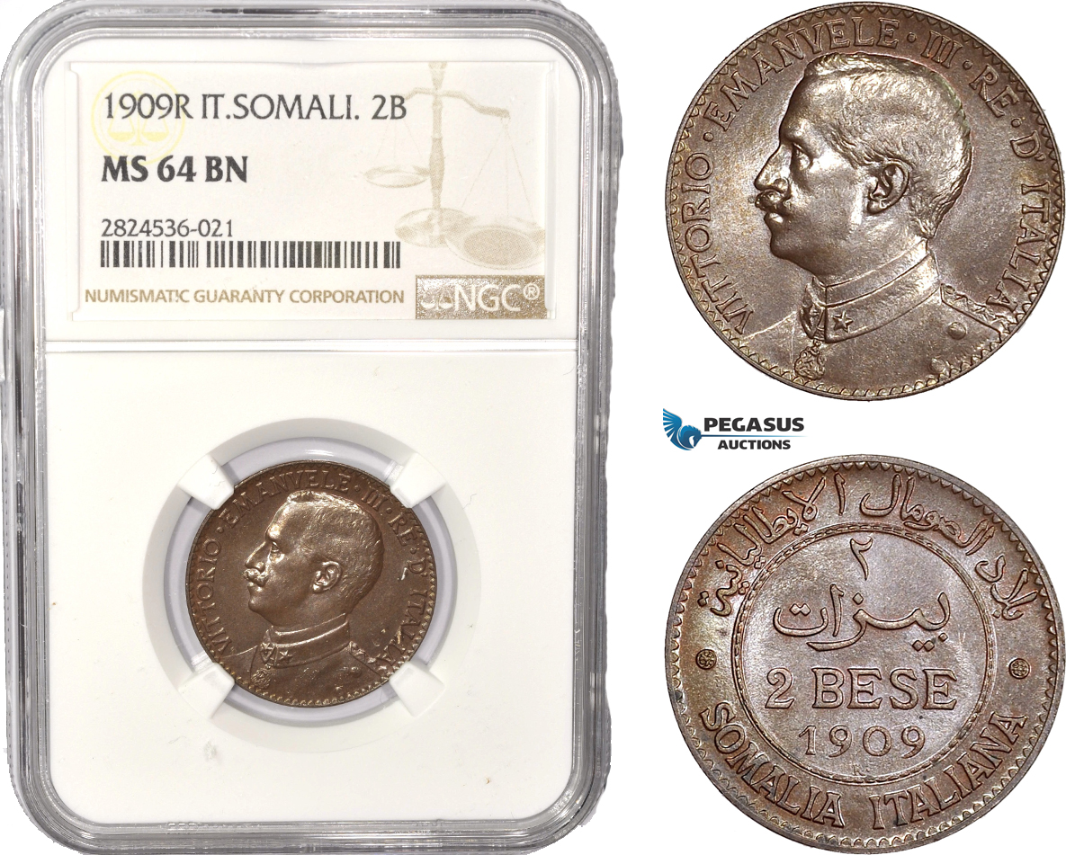 AC393, Italian Somaliland, Vittorio Manuele III, 2 Bese 1909-R, Rome, NGC MS64BN, Pop 2/0