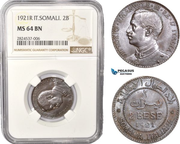 AC394, Italian Somaliland, Vittorio Manuele III, 2 Bese 1921-R, Rome, NGC MS64BN, Pop 1/0