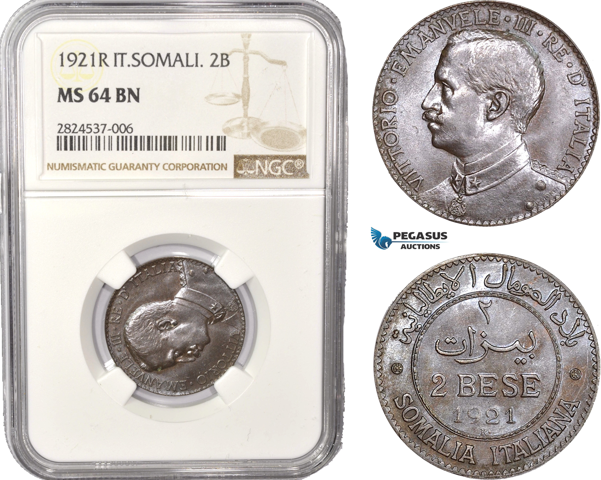 AC394, Italian Somaliland, Vittorio Manuele III, 2 Bese 1921-R, Rome, NGC MS64BN, Pop 1/0