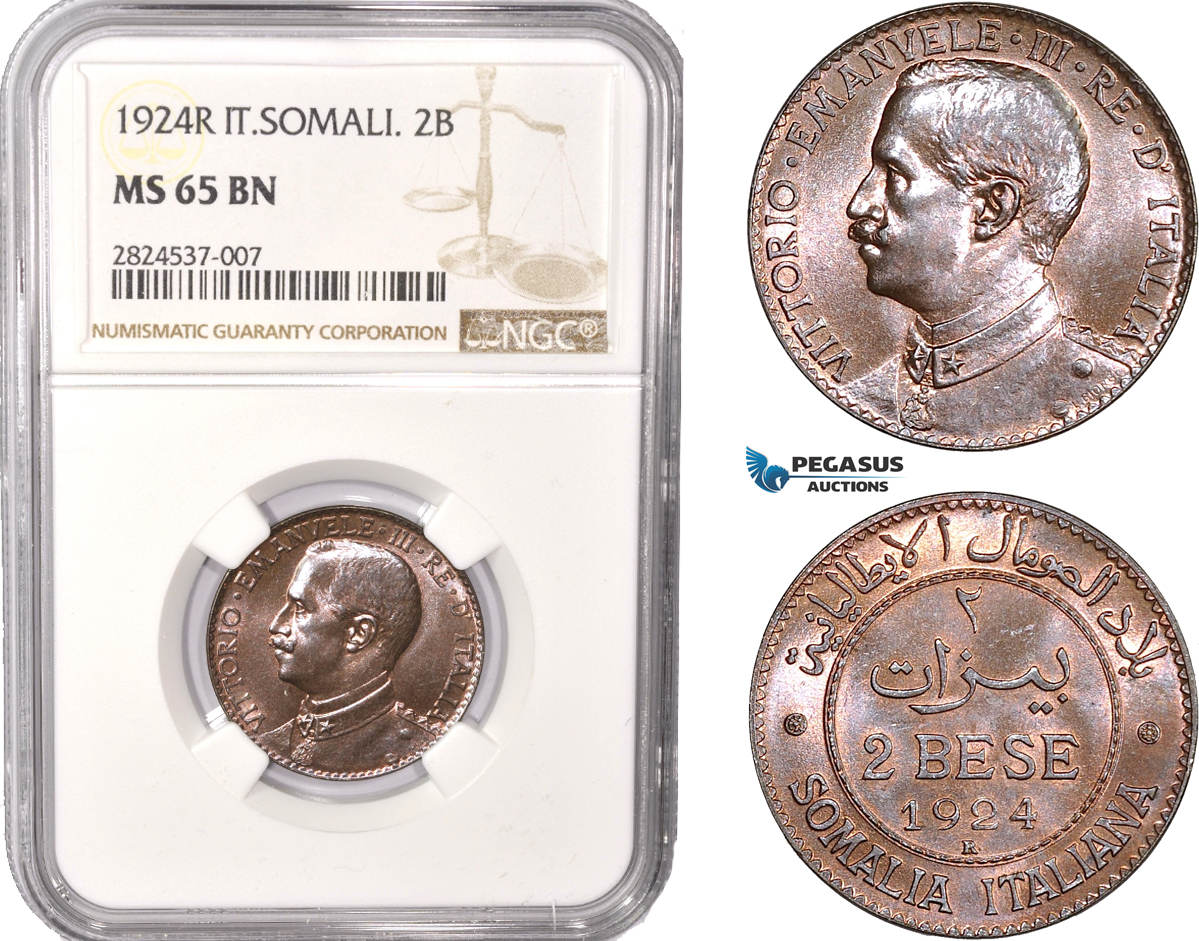 AC395, Italian Somaliland, Vittorio Manuele III, 2 Bese 1924-R, Rome, NGC MS65BN, Pop 1/0