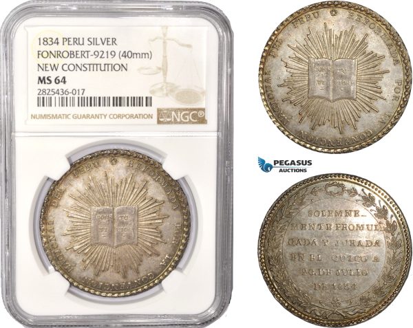 AC408, Peru, Silver Medal (Ø40mm) 1834 "New Constitution" Fonrobert-9219, NGC MS64