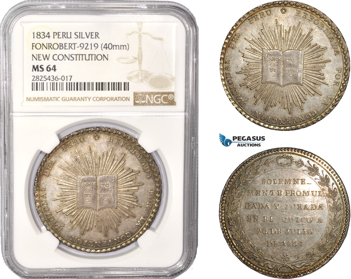 AC408, Peru, Silver Medal (Ø40mm) 1834 "New Constitution" Fonrobert-9219, NGC MS64