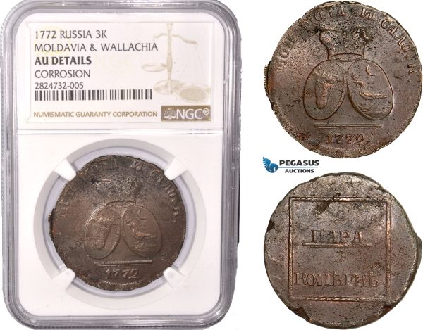 AC423, Russia, Moldavia & Wallachia, 2 Para/3 Kopeks 1772, Copper (from Turkish canons) NGC AU Det.