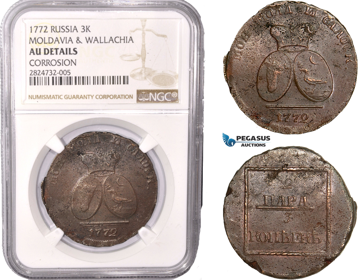 AC423, Russia, Moldavia & Wallachia, 2 Para/3 Kopeks 1772, Copper (from Turkish canons) NGC AU Det.