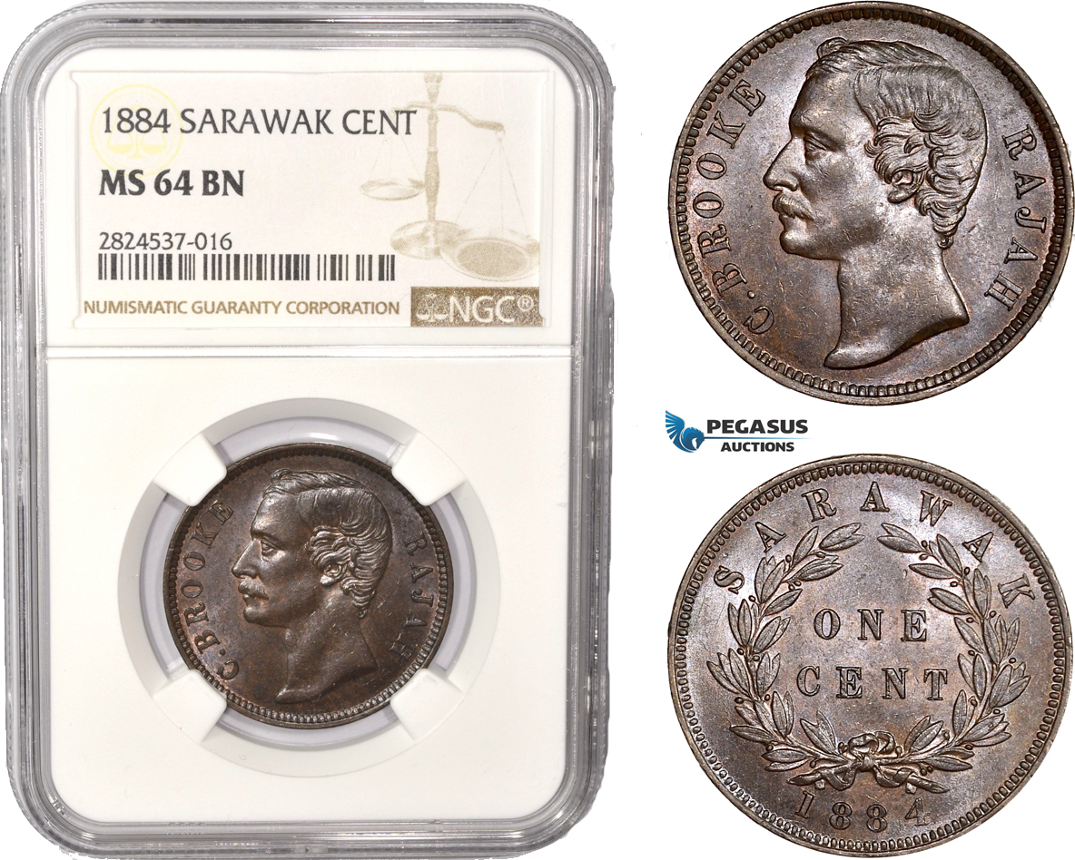AC437, Sarawak, C. Brooke Rajah, 1 Cent 1884, NGC MS64BN, Pop 2/0