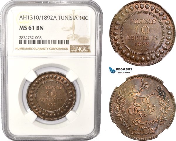 AC446, Tunisia, French Protectorate, 10 Centimes AH1310 (1892) A, Paris, NGC MS61BN, Pop 1/1
