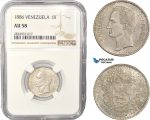 AC449, Venezuela, 1 Bolivar 1886, Caracas, Silver, NGC AU58, Pop 1/0, Rare!