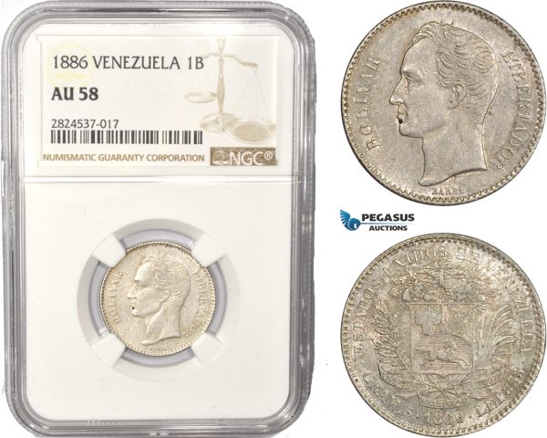 AC449, Venezuela, 1 Bolivar 1886, Caracas, Silver, NGC AU58, Pop 1/0, Rare!