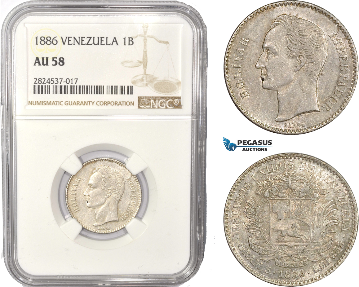 AC449, Venezuela, 1 Bolivar 1886, Caracas, Silver, NGC AU58, Pop 1/0, Rare!
