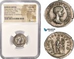 AC451, Roman Empire, Diadumenian Caesar (217-218 AD) AR Denarius (3.30g) Rome, Prince between standards, NGC Ch AU