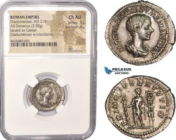 AC451, Roman Empire, Diadumenian Caesar (217-218 AD) AR Denarius (3.30g) Rome, Prince between standards, NGC Ch AU