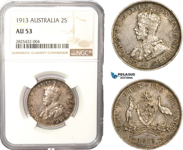 AC452-R, Australia, George V, 2 Shillings / Florin 1913, Silver, NGC AU53