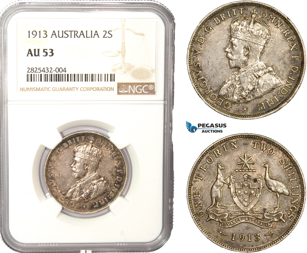AC452-R, Australia, George V, 2 Shillings / Florin 1913, Silver, NGC AU53
