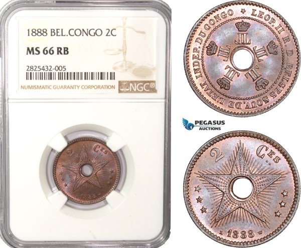AC453-R, Belgian Congo, Leopold II, 2 Centimes 1888, NGC MS66RB, Pop 2/0